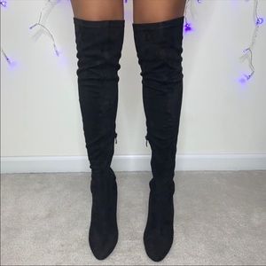 Black Suede Over The Knee Boots With Clear Heel
